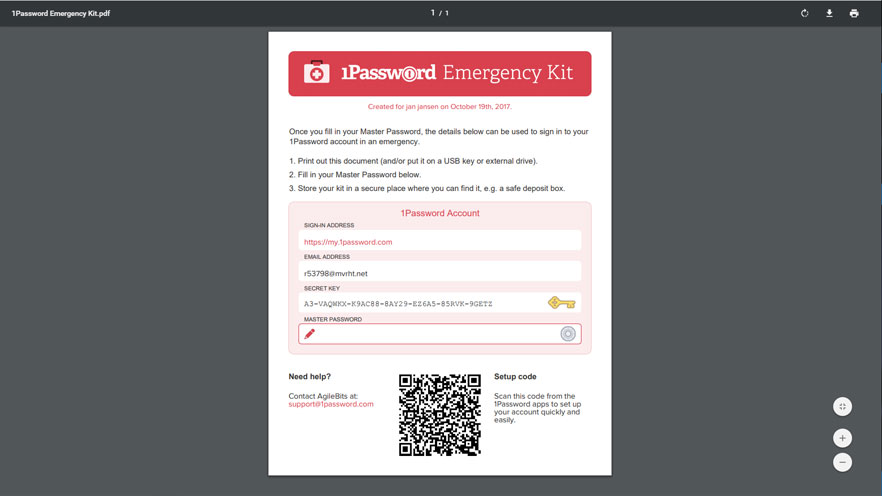 1password emergency kit